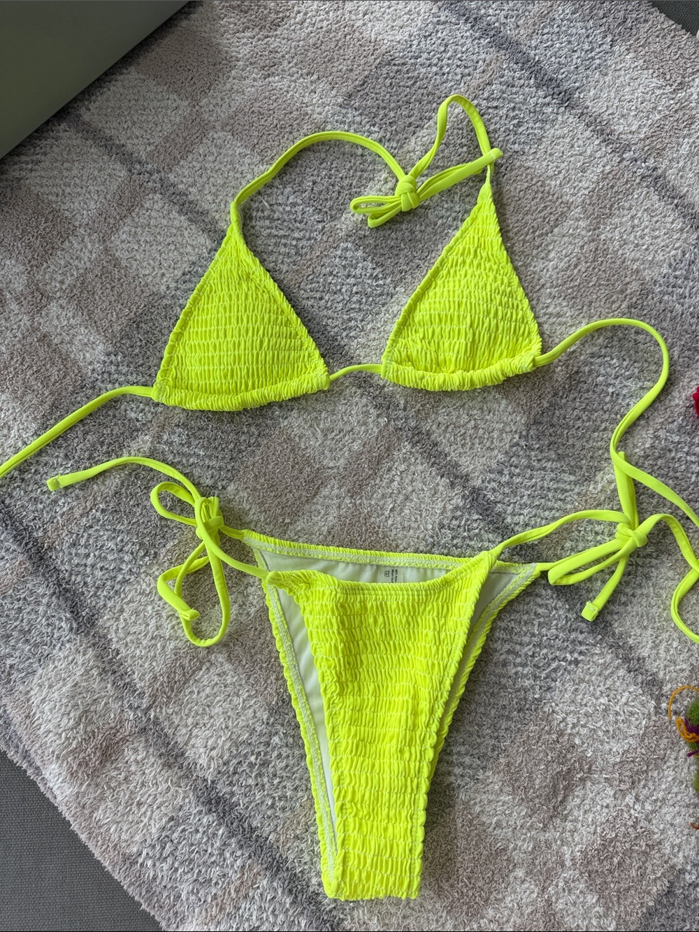 Neon Yellow Smocked Triangle Tie Bikini Set - Women
